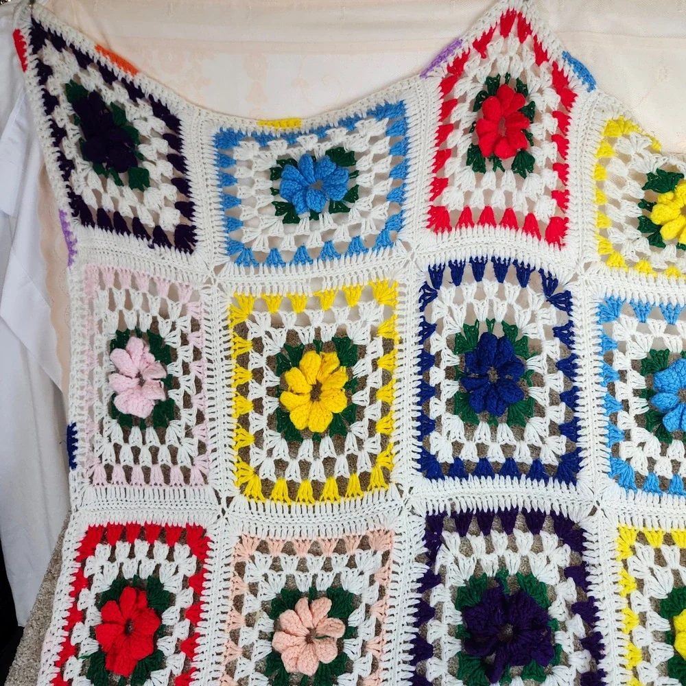 Handmade Afghan Blanket Multi-Color Floral Granny Square Cottagecore‎ 50x70